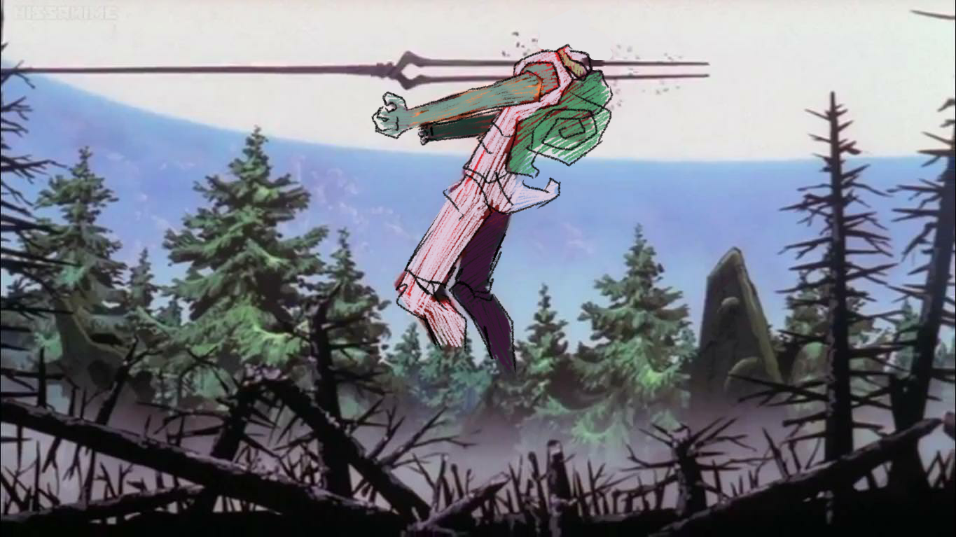 escargoon inplace of asuka from nge getting stabbed in the skull